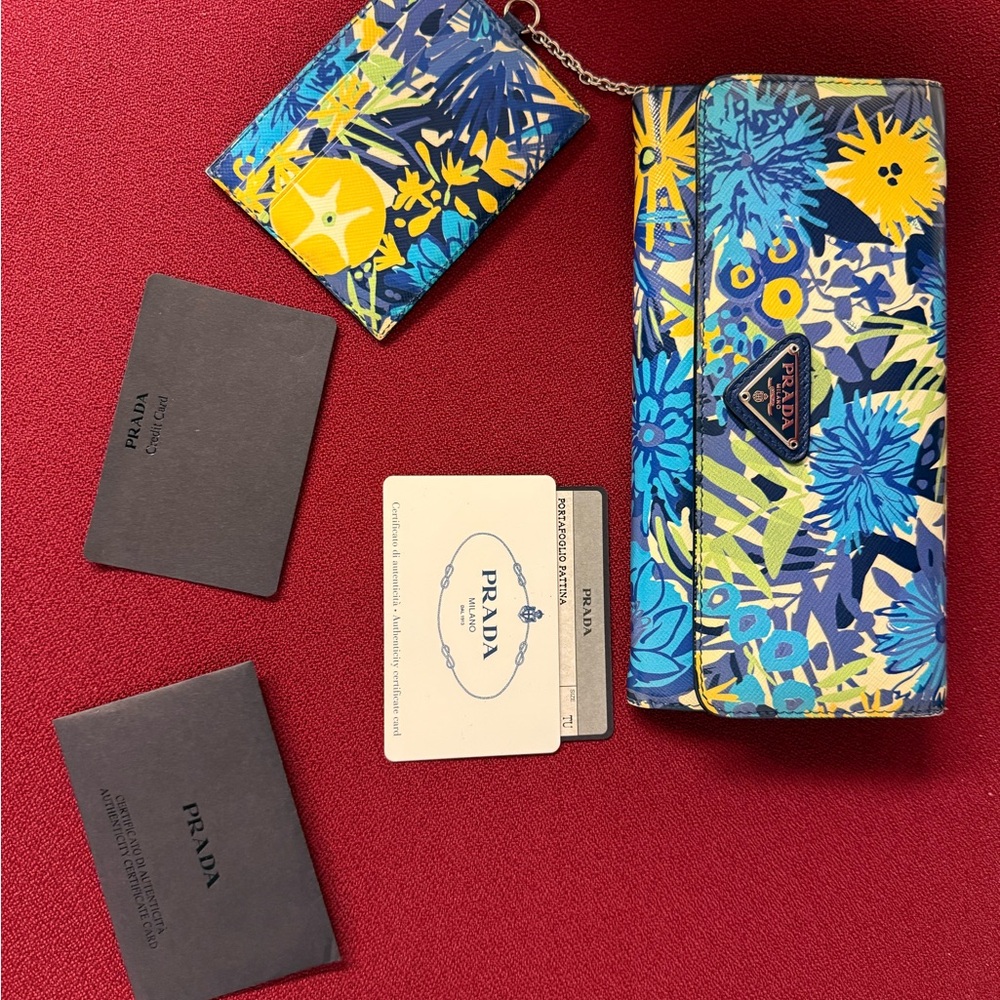 Authentic Prada Limited Edition Blue and Yellow Floral Wallet Set